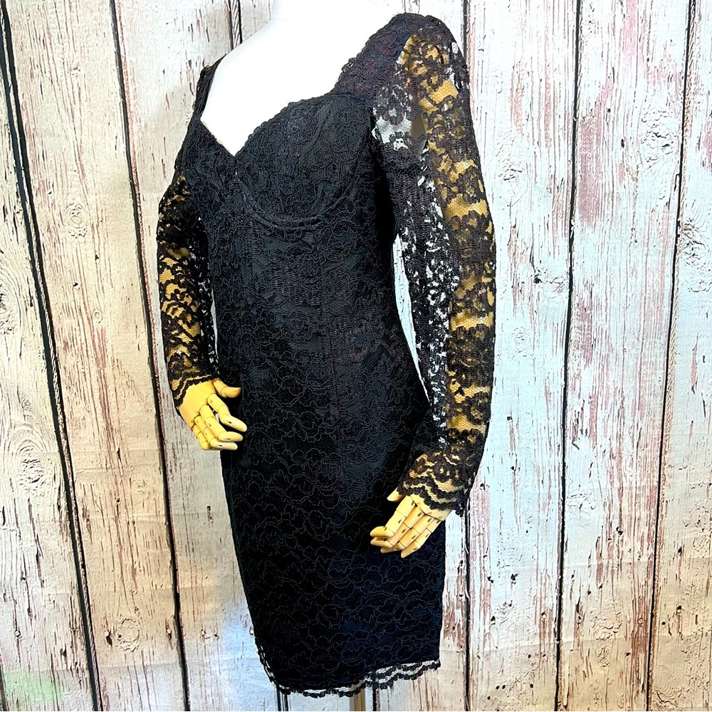 Vintage Moda Intl. Black Sheer Lace Bustier 1980's USA Made Cocktail Dress SZ 12